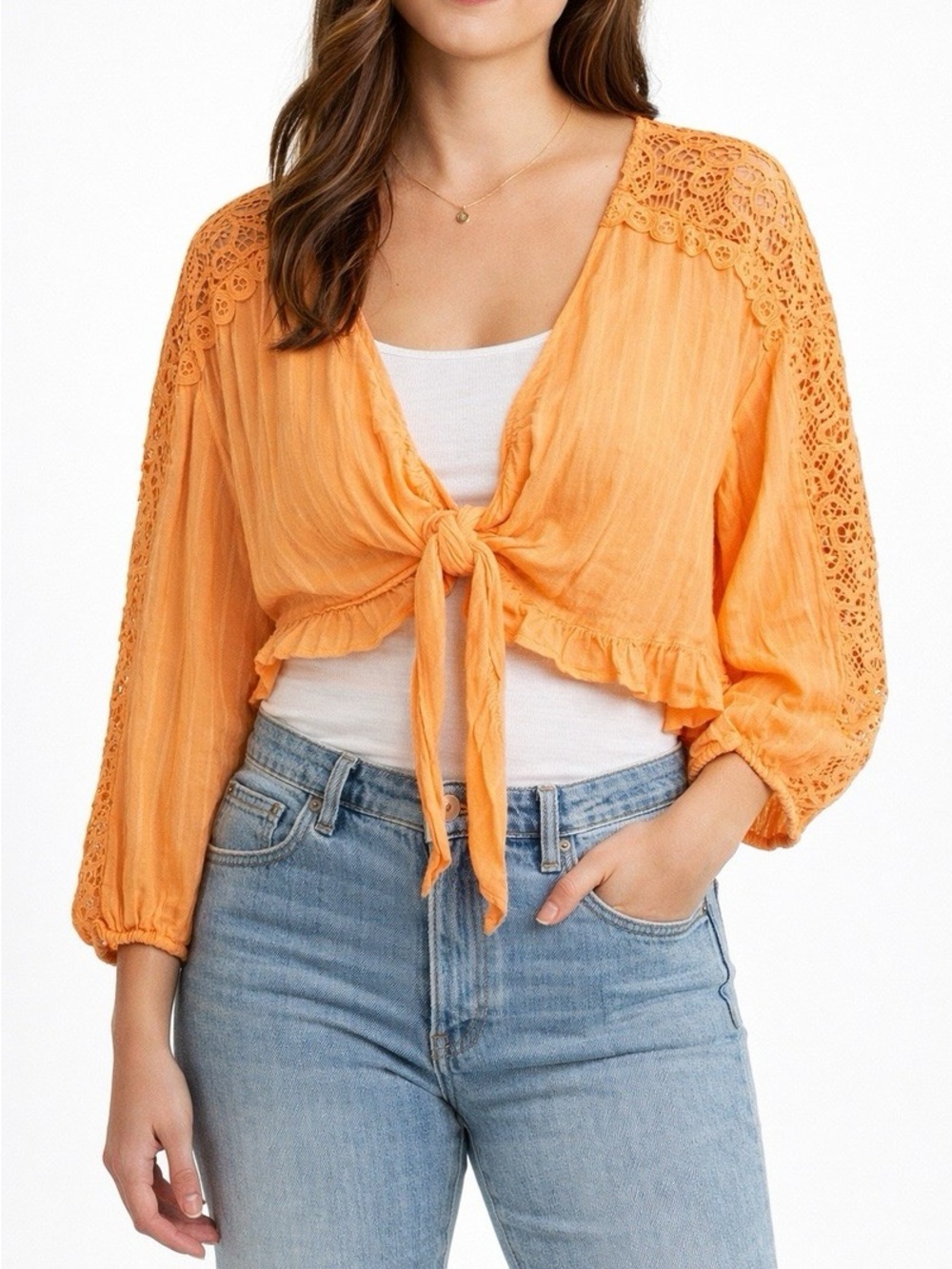 American Eagle Outfitters Sherbet Orange Cropped Tie Front Blouse Size M